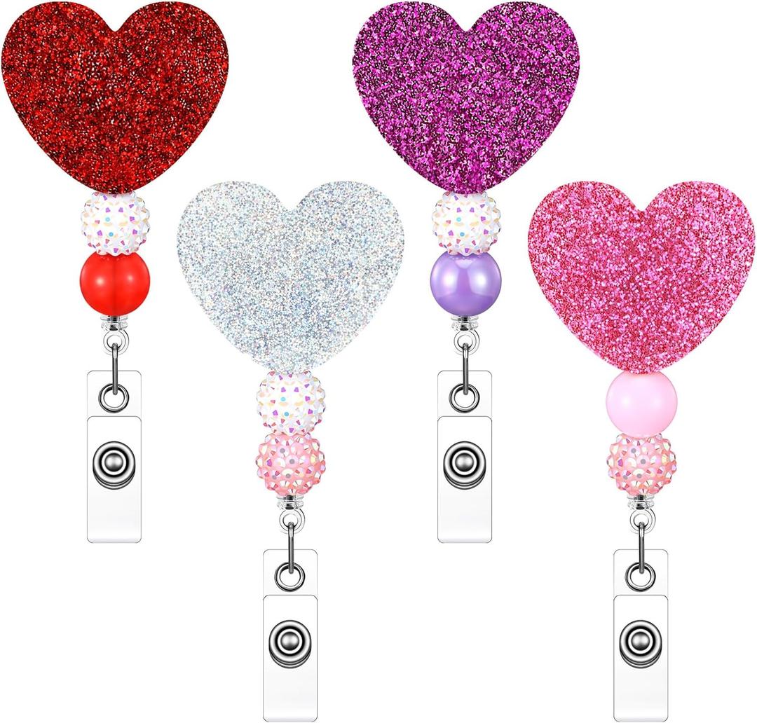 Giegxin 4 Pcs Valentines Day Badge Reel Retractable Acrylic Heart Love Badge Holder Reels Clips for Pediatric Nurses Medical Assistant ID Badges Name Tag Card