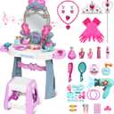 VViN Kids Vanity Set for Girls with Light & Music, Princess Vanity Table with Stool, Pretend Makeup Dresser with Crown, Scepter, Gloves & Jewelry Accessories, Toys for 3 4 5 Year Old