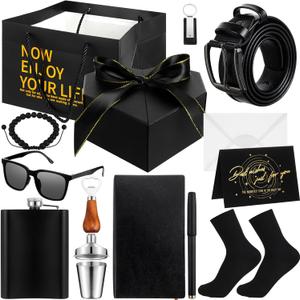15 Pcs Dad Party Gift Set for Men Birthday Basket Gifts Hip Flasks Bottle Opener Shot Glass Wallet Belt Bracelet Socks Keychain Pen Journal Gift Box for Dad Anniversary Birthday