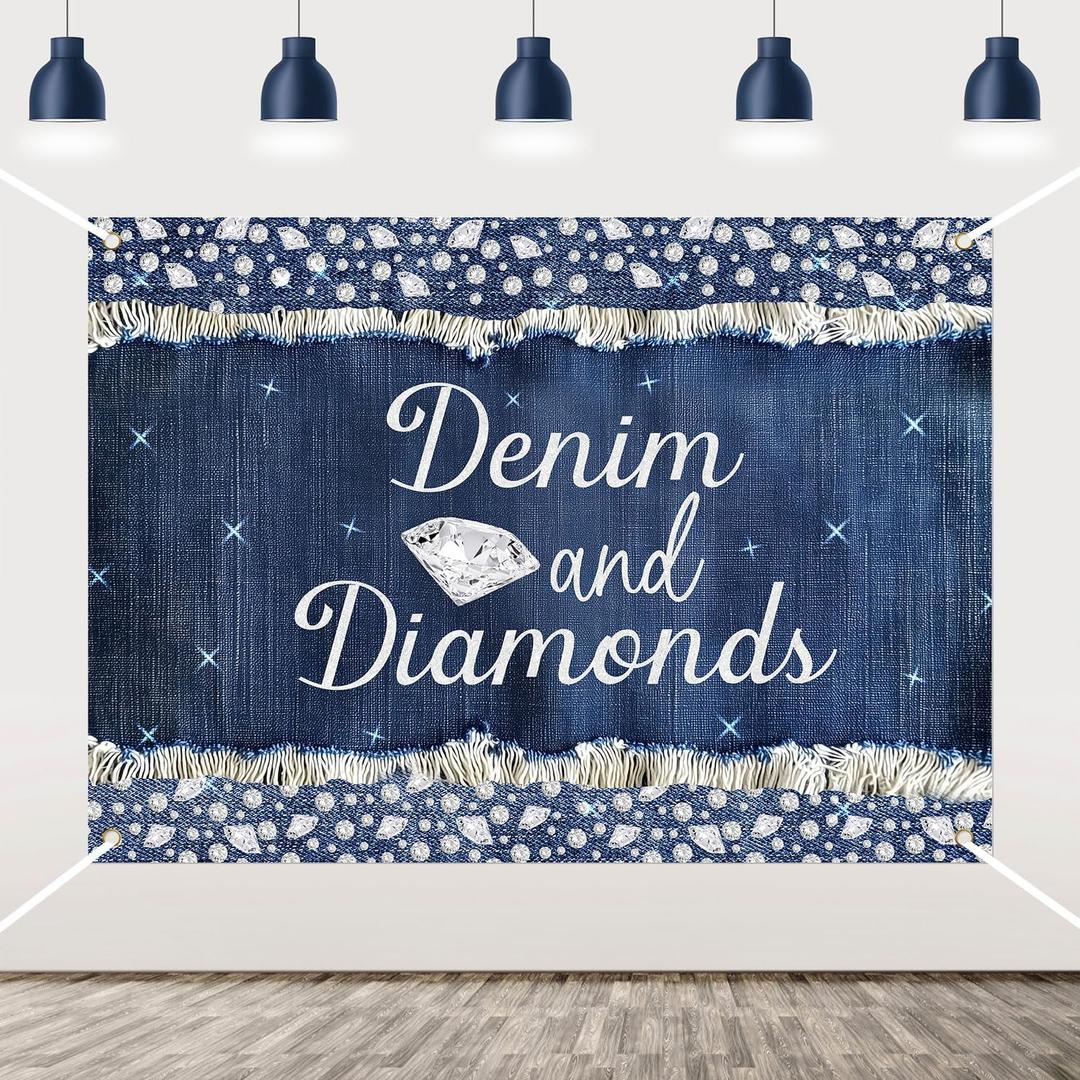 Denim and Diamonds Party Decorations, 7 x 5ft Denim and Diamonds Bachelorette Backdrop Navy Blue Silver Photography Background for Bachelorette Bridal Shower Birthday Party Supplies