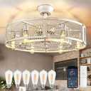 DLLT Caged Ceiling Fan with Lights: 26" Large Bladeless Fandelier with Light and Remote - Cement Industrial Chandelier Fan Light Semi Flush Mount Rustic Enclosed Fans Bedroom Dining Room Kitchen