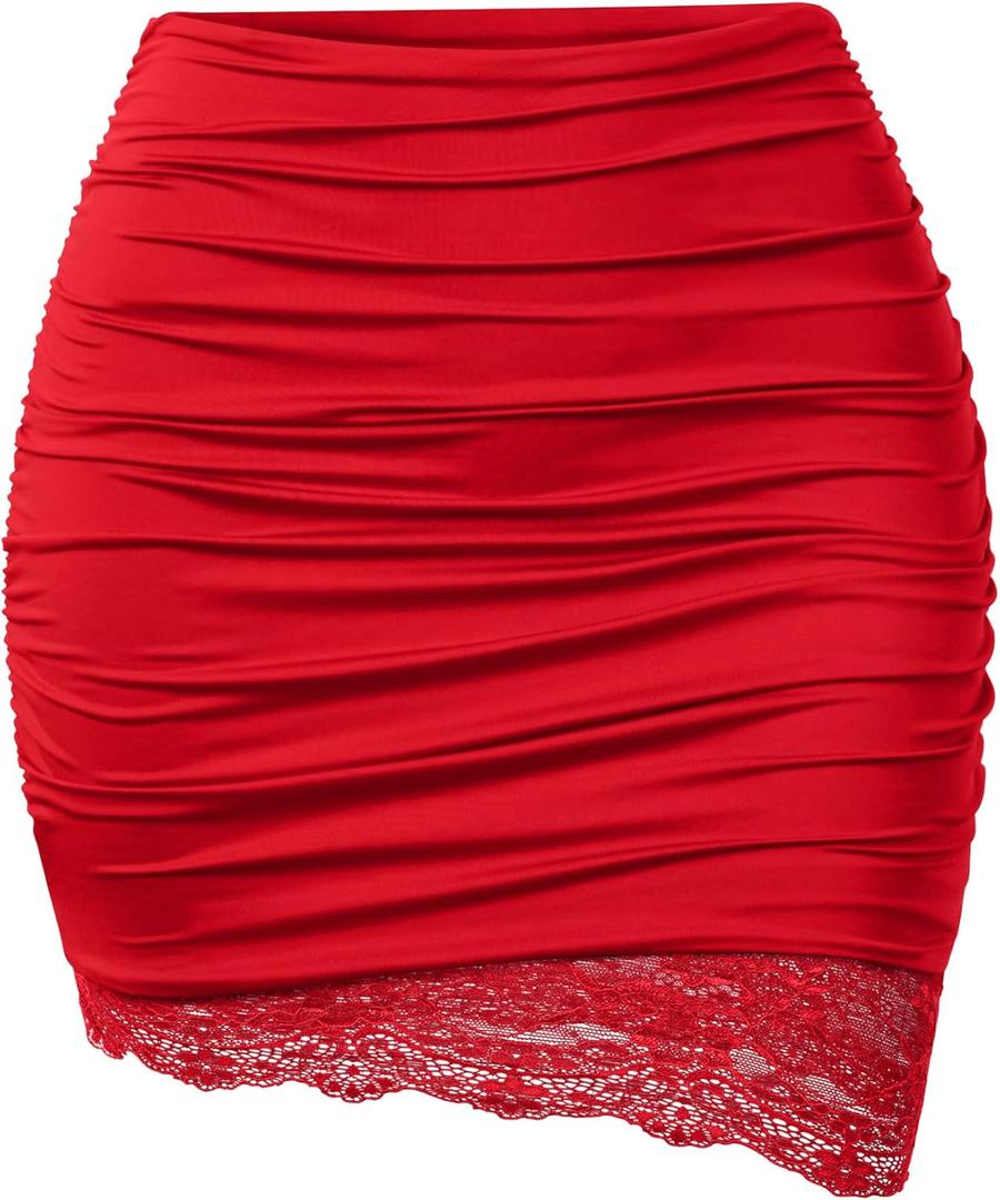 YMDUCH Women's Casual High Waist Stretchy Ruched Bodycon Lace Mini Short Skirts (X-Large, Red)