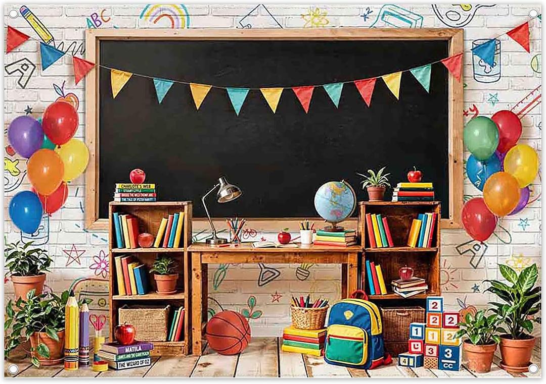 Fabric 7x5ft Back to School Photography Backdrop First Day Blackboard Classroom Colorful Books Bookcase Graduation Background Kids Students Party Decorations Photo Props