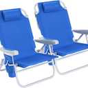 SUNNYFEEL Low Beach Chair 2 Pack, 5-Position Lay Flat Reclining, Backpack Portable Folding Chairs with Cooler Bag & Cup Holder, Heavy Duty 350 LBS, Compact for Beach, Camping, Travel