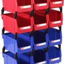 Stackable Storage Bins 12 Pack (7x5x4 Inch), Plastic Stackable Storage Organizer Bins Wall Mounted Hanging Small Parts Bin for Garage, Workbench & Office (Blue & Red)