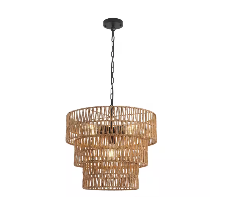 20 in. 3-Tier Light Fixtures 5-Light Boho Hand-Woven Rattan Chandelier