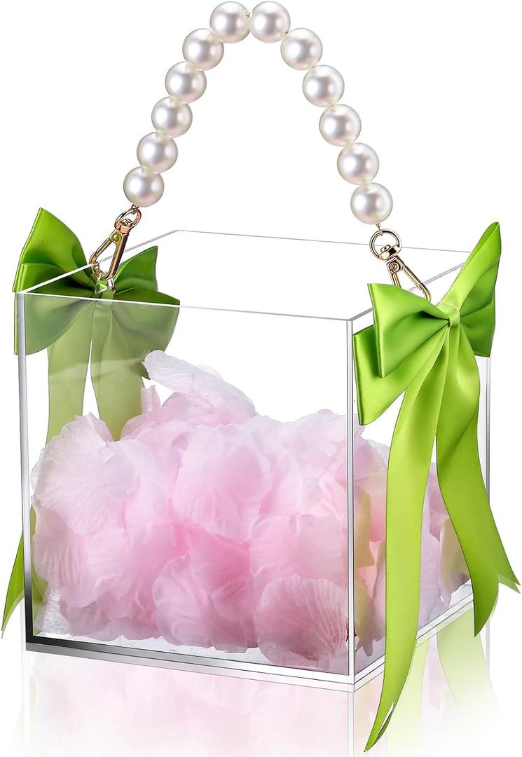 SiliFine 1 Pc Wedding Flower Girl Baskets with Cute Pearl Handle and Ribbon Bow Acrylic Baskets Petal Holder for Flower Girls for Confetti, Wedding Bridal Ceremony Baby Shower Decoration