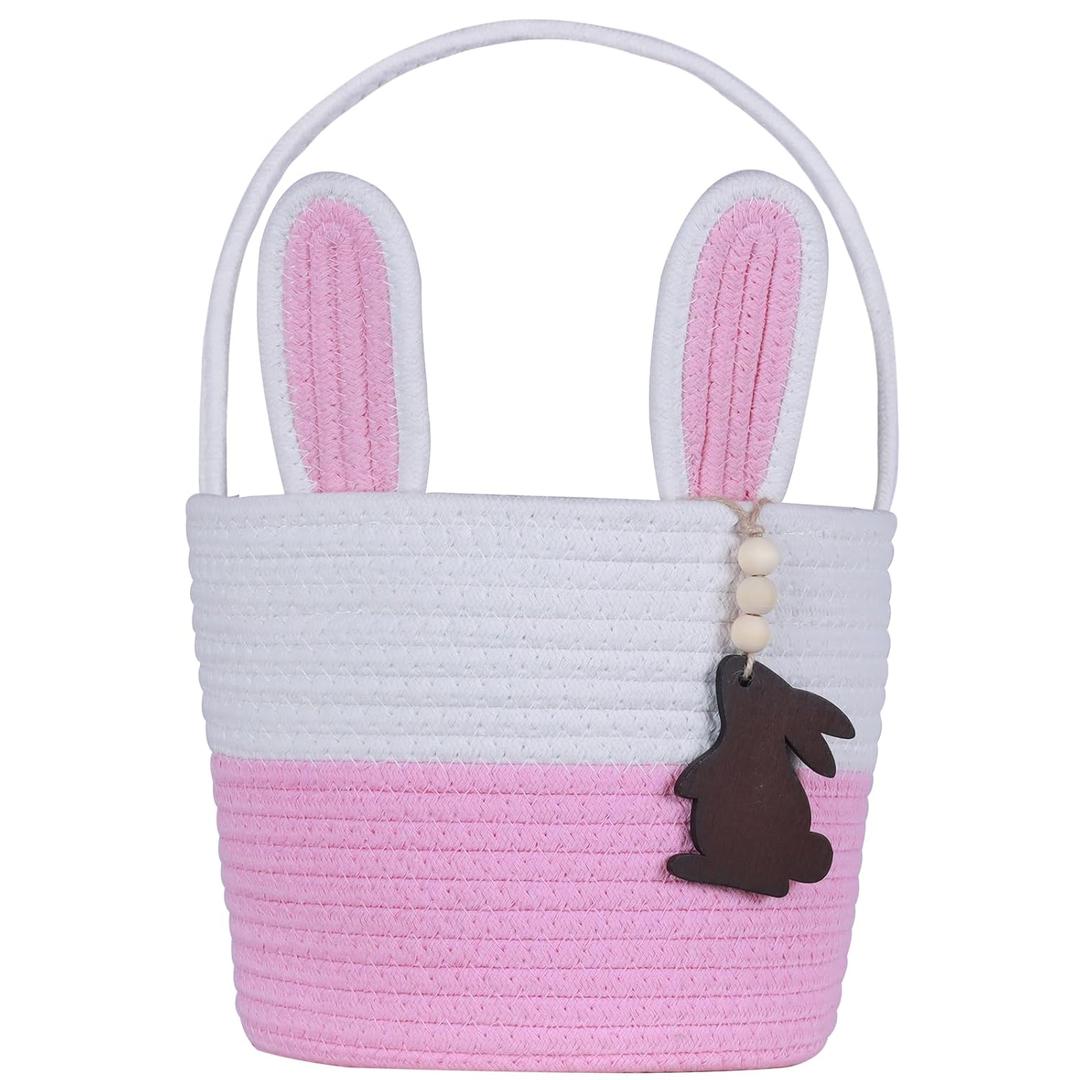 Easter Basket, Empty Easter Baskets for Kids Boys Girls with Bunny Tag Egg Basket Eater Gifts Basket Toddler Teens Babys First Easter Basket with Handle Pink White