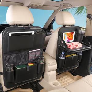 Leather Car Backseat Organizer with Tablet Holder - 9 Large Storage Pockets, Foldable Food Tray & Anti-Scratch Kick Mats - Universal Car Seat Protector for Kids, Pets & Travel Accessories 1 Pack