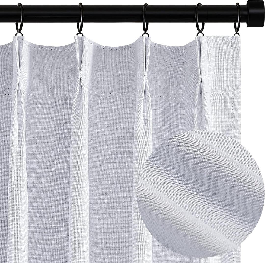 Topfinel White 100% Blackout Curtains 84 Inch Long 2 Panels Set, Pinch Pleat Flax Linen Room Darkening Sound Block Drapes with Hooks Rings for Track System Bedroom Living Room, Snow White