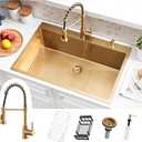 30 Inch Gold Drop In Kitchen Sink with Faucet Combo - 30x22 Stainless Steel Single Bowl Drop In Sink in Gold, 10 Inch Deep Modern Top Mount Kitchen Sink with Accessories