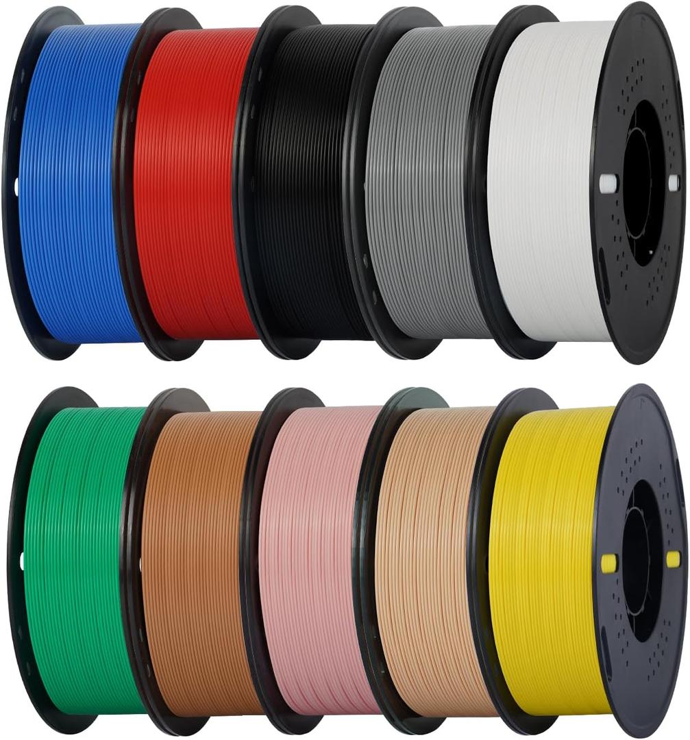 Kingroon PLA 3D Printer Filament, 10 Rolls, Dimensional Accuracy +/- 0.03 mm, 10kg Spool(22lbs), 1.75 mm，Black White Grey Red Green Yellow Skin Sky Blue Pink Brown
