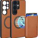 Designed for Samsung S23 Ultra Case, Galaxy S23 Ultra Case with Card Holder, Supporting for Mag-safe & Magnet, Knitted PC Cover with Soft TPU Edges, Anti-slip & Shock-absorbing,Business Design(Orange)