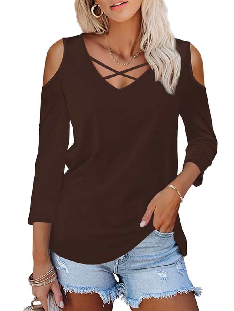 Amoretu Womens Summer Shirts 3/4 Long Sleeve V Neck Criss Cross Cold Shoulder Tops Blouse XL