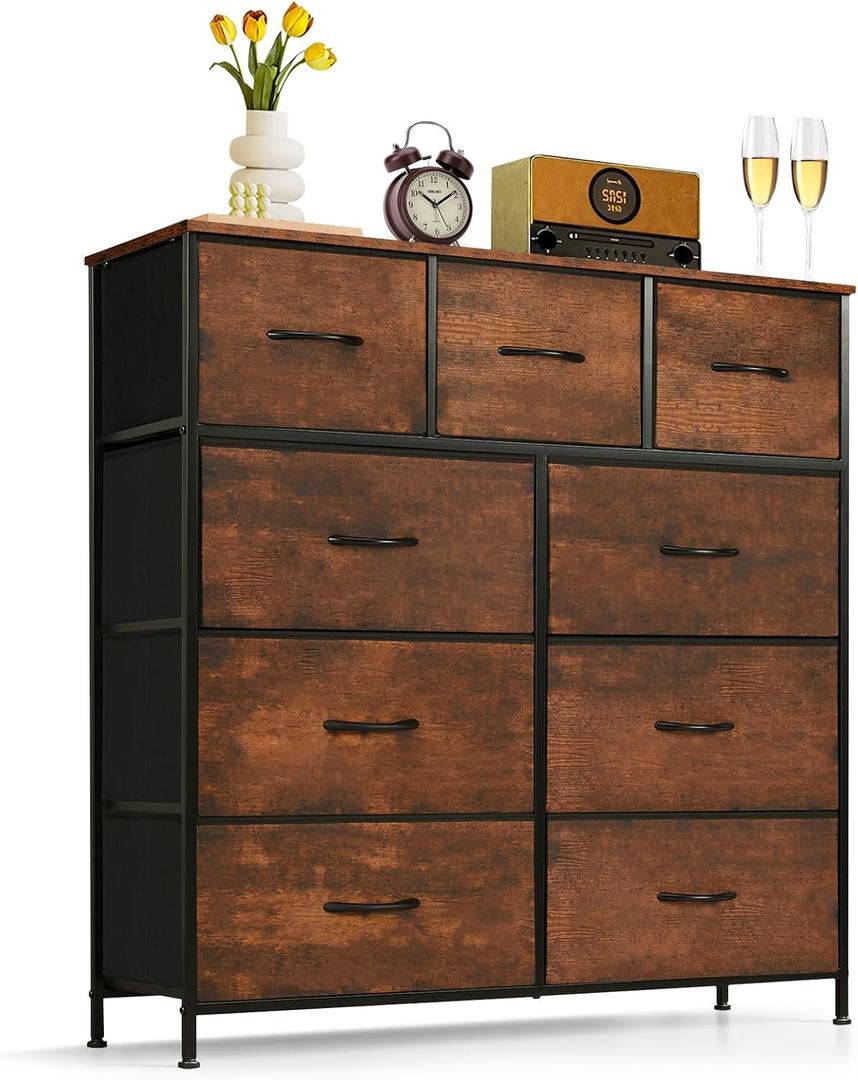 9-Drawer Dresser for Bedroom, Anti-Tip Tall Storage Organizer Chest of Drawers with Wooden Top and Metal Frame Fabric Bins for Closet, Living Room, Hallway, Entryway, Brown, 11.8"D x 39.4"W x 40"H