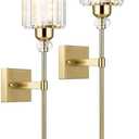 Modern Gold Wall Sconces Lighting Battery Operated Set of 2,No Wiring Rechargeable Wall Lights Fixture with Wireless Remote,Clear Glass Long Wall Lamp for Bedroom Bathroom Living Room Vanity Light
