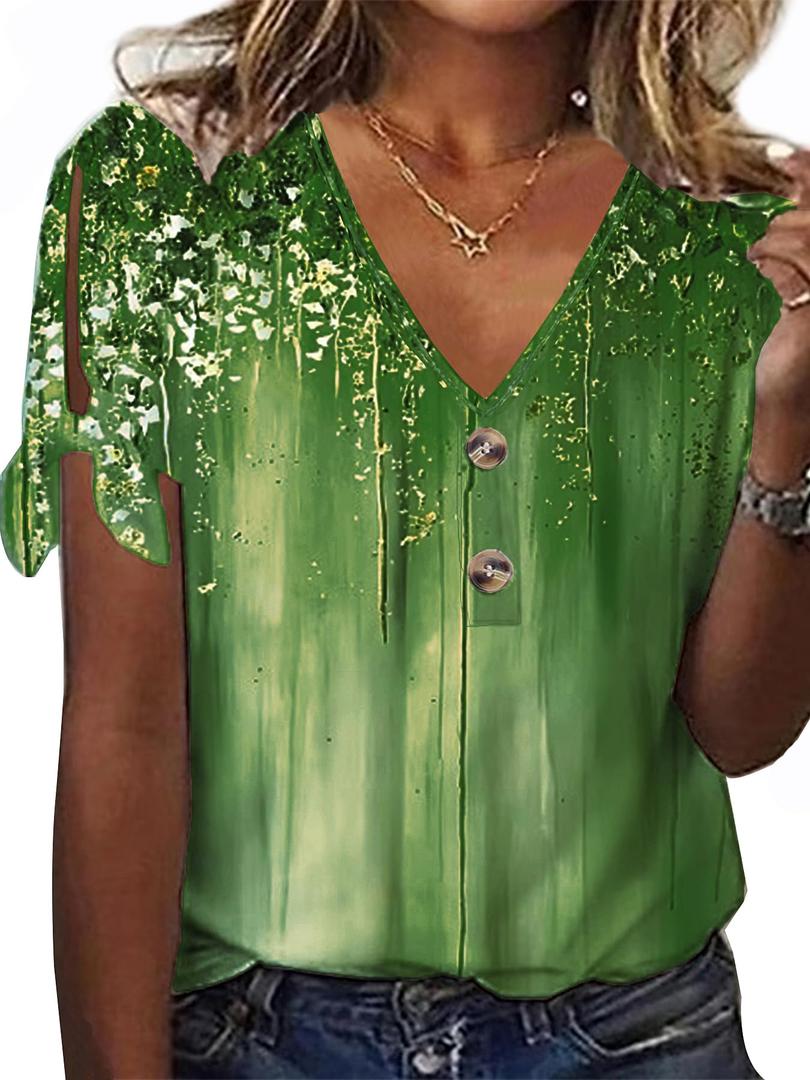 HOMEYEE Women's Summer All Over Print Casual V-Neck T-Shirt Tops with Button Detail (Green, S)