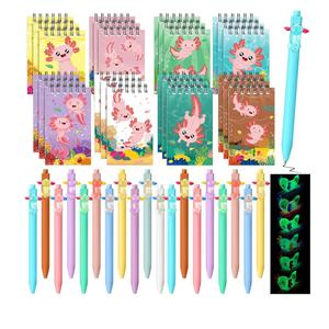 AmazingSpark 48 Pcs Axolotl Mini Notebooks Axolotl Ballpoint Pens Set Cute Animal Pocket Notepads Retractable Pens Gift for Birthday Party Favors Goodie Bag Stuffers School Classroom Rewards