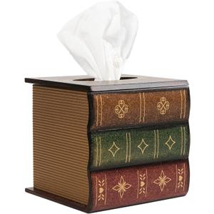 Crafted Classical Retro Wooden Antique Book Tissue Box Cover Square Tissue Holder Dispenser Paper Cover Case Napkin Holder Home Decor for Bathroom Living Room Office car Kitchen (Brown)