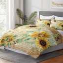WeCozy Queen Size Comforter Set with 2 Pillowcases, Flower Rustic Thanksgiving Soft 3 Pcs Bedding for Kids and Adults, Sunflower Floral Yellow Comforter Set for Bedroom Bed Decor