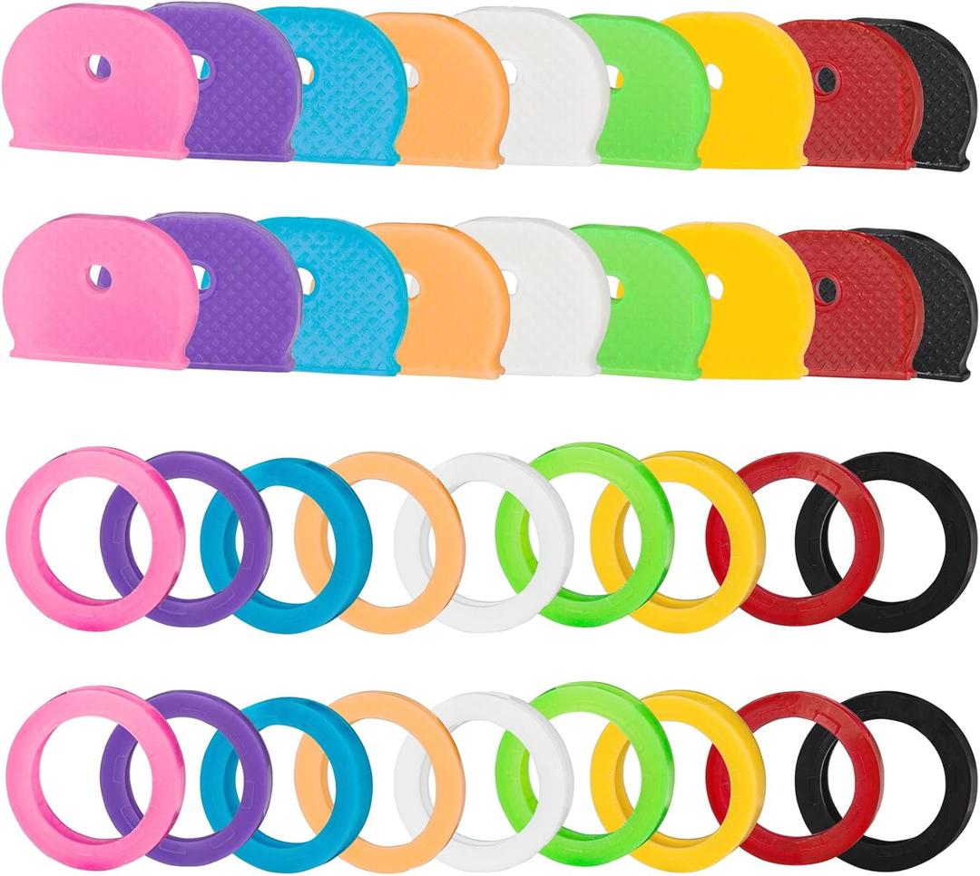 GoorDik 36 Pack Key Color Caps Covers Tags, Soft Rubber Key Identifiers, Plastic Key Toppers for Standard Flat Organization House Key (Not Suitable for Odd-Shaped Keys), 9 Colors, 2 Styles
