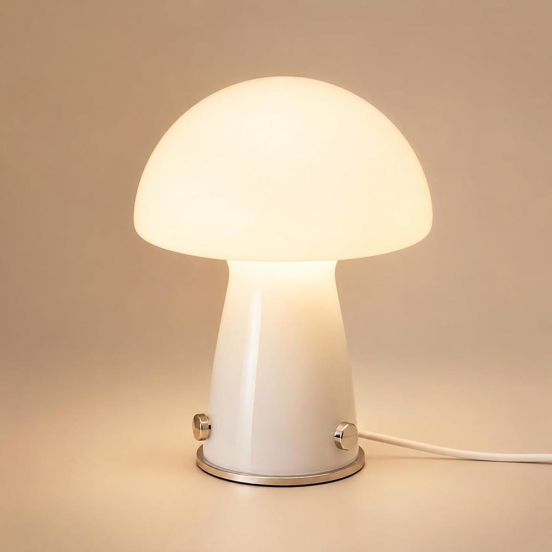 White Small Mushroom Table Lamp Suit for Bedroom and Nightstand | 3000K Warm Light,Plug-in Design,Cute Aesthetic Lamp,Mid Century Modern Style,Glass Lampshade,Cozy Bedroom Decor,Bauhaus Lamp