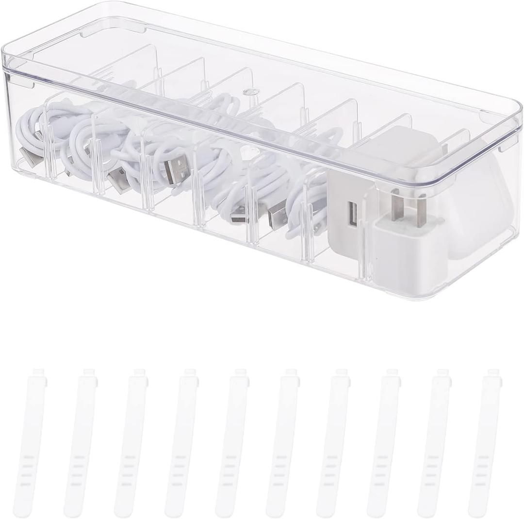 Yesesion Clear Plastic Cable Organizer Box with Adjustment Compartments, Desk Accessories Storage Case with Lid and 10 Wire Ties for Drawer, Office, Art Supply, Electronic Management