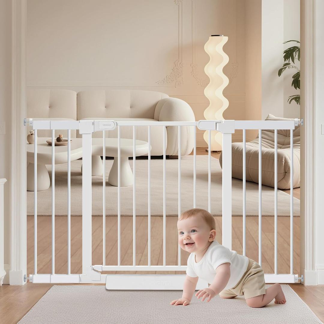 Baby Gate for Stairs,29.5"-48.4" Pressure-Mounted No Drilling Pet Gates for Doorways & Hallways,Auto Dog Close Gate with Walk Thru Door,No-Trip Design, Metal Design for Kids and Pets