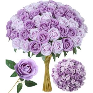 50 PCS Purple Roses Artificial Flowers, Real Looking Fake Roses with Long Stems Silk Flowers for DIY Wedding Bouquet Party Celebration Home Bridal Shower Decoration Valentine's Day Gift for Her Wife