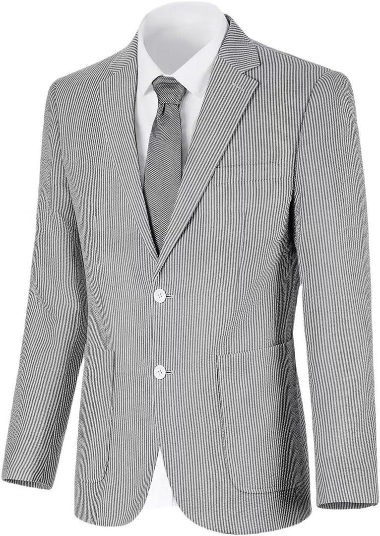 Wehilion Mens Seersucker Suit Jacket Casual Summer Blazer Slim Fit Sport Coats Suits Jackets Wedding Prom Tuxedo Blazers (Large, Black)