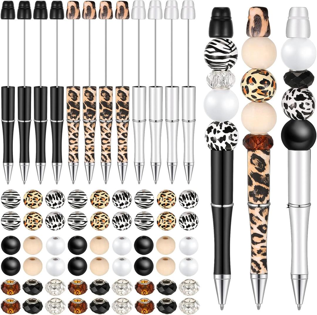Geyee 12 Set Plastic Beadable Pens Assorted Bead Pens Crystal Wood Round Spacer Set Black Ink DIY Ballpoint for Women Men Gift Office Supplies