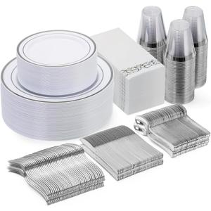 Goodluck 350 Pieces Silver Dinnerware Set for 50 Guests, disposable Plastic Plates for Party, Include: 50 Dinner Plates, 50 Dessert Plates, 50 Paper Napkins, 50 Cups, 50 Silverware set