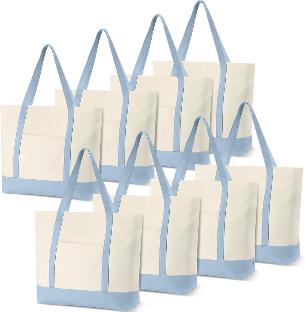 8 Pcs Large Canvas Tote Bags Bulk with Top Zipper Closure, Reusable Grocery Shopping Bags, Bachelorette Party DIY Gifts (21" X 15" X 6",Light Blue)