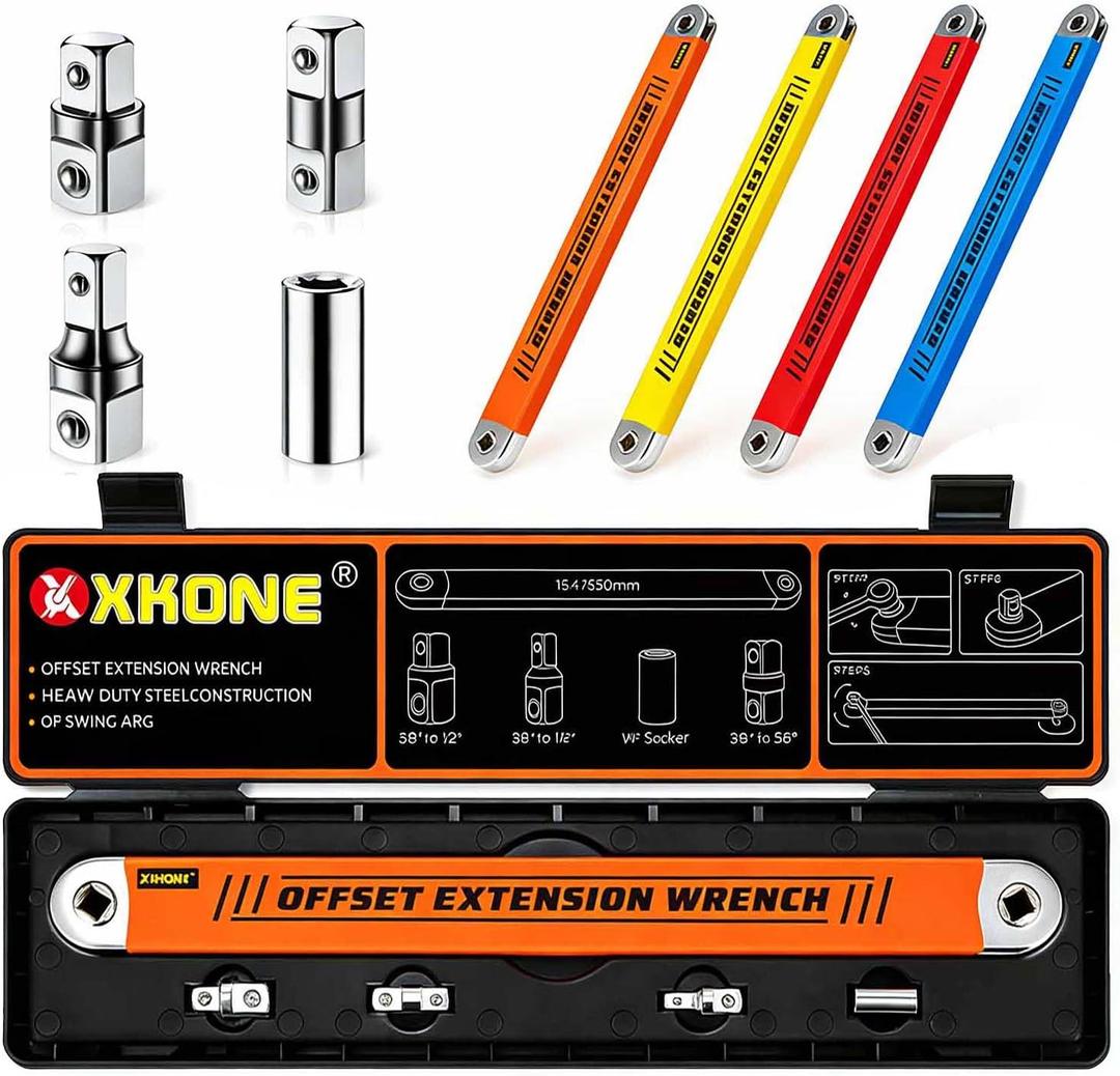 Offset Extension Wrench  Zero-degree Swing for Tight Spaces,3/8" Drive Socket Extender Tool with 1/4",3/8",1/2" Square Adapters and 1/4" Socket. (Large, Orange)