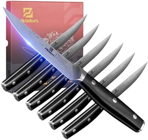 Piklohas Steak Knives Set of 6, 4.5 Inch Non Serrated Dinner Knife, Forged German Steel Damascus Pattern Straight Edge Meat Knife with Full Tang Handle, Dishwasher Safe, Ideal for Gift