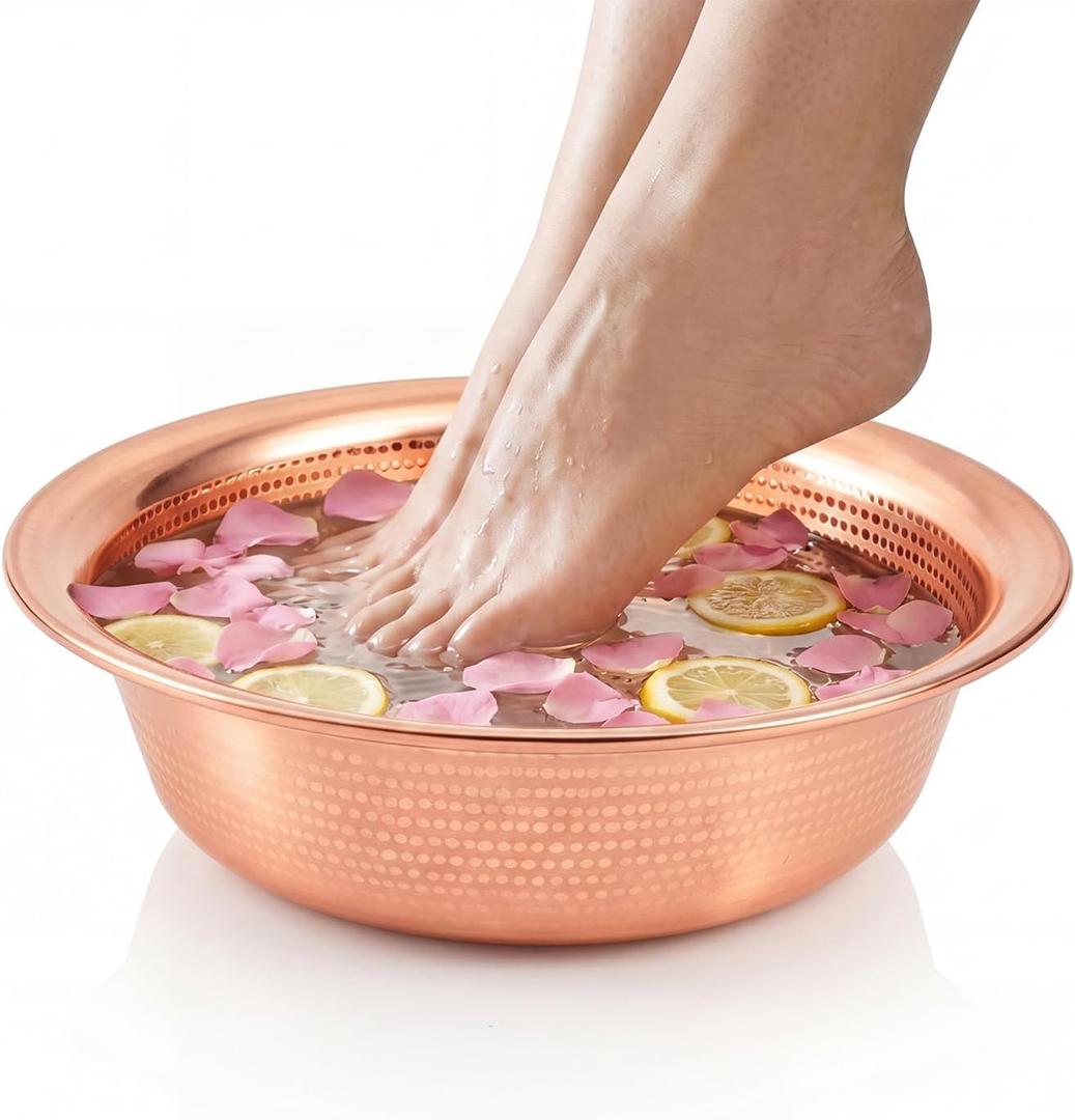 16 Inch Hand-hammered Copper Foot Bath Bowl Handmade Traditional Copper Basin with Curled Edge for Home Spa Pedicure Soaking, Massage and Ceremonies Events