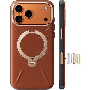 TORRAS Organic Leather for iPhone 17 Pro Case with Stand, Fit for Magsafe, 360 Spin Stand with Camera Control, Premium Leather Durable Stylish Q3 VegSkin for iPhone 17 Pro Phone Case, Saddle Brown