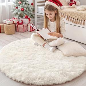 OLANLY Ivory Round Rugs for Bedroom - Machine Washable, 4' Circle Area Rugs for Living Room, Soft and Fluffy Shaggy Carpet for Teen Girls and Boys, Nursery Rooms, Dorms, Home Decor Aesthetic