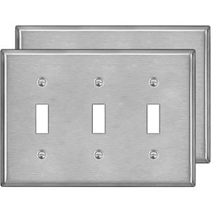 BESTTEN 2 Pack 3 Gang Toggle Switch Metal Wall Plate with hite or Clear Plastic Film, Industrial Grade Stainless Steel Material, Standard Size 4.50" x 6.38", Brushed Finish, Silver