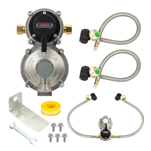 BlueStars Upgraded RV Propane 2-Stage Auto Changeover LP Propane Gas Regulator-2 Tank, with Two 18Inch RV Pigtail Stainless Braided Hoses & Gauge - Dual Propane Regulator for RV Van Trailer Camper