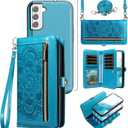 Asuwish Phone Case for Samsung Galaxy S22 5G Zipper Wallet Magnetic Detachable Cell Cover with Tempered Glass Screen Protector Crossbody Strap Flower Card Holder S 22 22S 4G G5 6.1 inch Women Men Blue