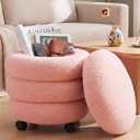 Lounsweer Pink Round Storage Ottoman with Swivel Wheels 14 x 16 Inch | Circle Vanity Stool with Storage, Modern Boucle Ottoman Stool, with Removable Lid for Dorm Home Bedroom Living Room, 18.3"D x 14.6"W x 14.2"H