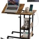 Hadulcet Adjustable C Table with Charging Station, Tiltable Desk C Shaped End Table for Couch, Over Bed Table with Wheels Adjustable Height, Hospital Table Laptop Stand Drawing Desk, Rustic Brown