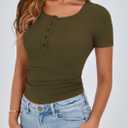 PRETTYGARDEN Womens 2026 Summer Short Sleeve Tops Ribbed Henley Button Slim Fit Basic Casual T Shirts Blouse Fashion Clothing (Large, Army Green)