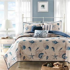 Madison Park Quilt Set Cottage Coastal Design, Starfish Print - All Season, Coverlet Bedspread Lightweight Bedding Layer, Shams, Toss Pillows, Full/Queen(90"x90"), Bayside Blue/Ivory 6 Piece