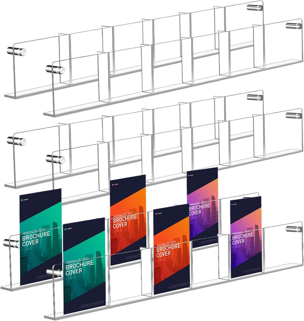 6 Pack Acrylic Brochure Holder Wall Mount 6 Pockets Brochure Holder Wall Mount Magazine Rack Clear Bookshelf Literature Storage Rack Pamphlet Display for Waiting, Living Room, Office Pamphlet Display
