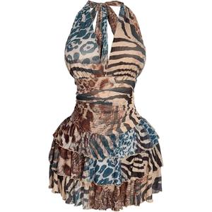 SHENHE Women's Plus Size Halter Mesh Dress Y2K Animal Print Club Mini Dress (L)
