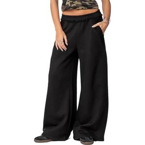 HeSaYep Womens Fleece Lined Sweatpants Wide Leg Baggy Thermal Lounge Pants Raw Hem Elastic Waist Oversized Sweat Pants, Black XS