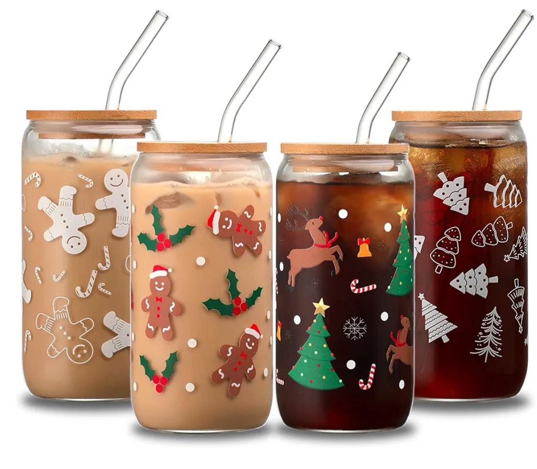 Christmas Glass Cups Set of 4, 16oz Mason Jar Mugs with Lid and Straw, Holiday Drinking Tumblers for Iced Coffee, Decorative Glasses and Gift Set for Women and Men