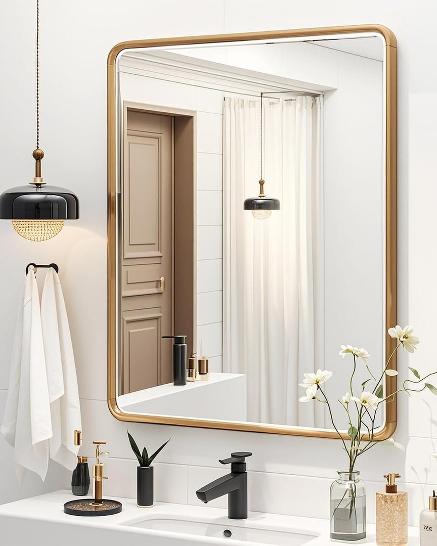 20 x 30 Inch Gold Bathroom Mirror for Wall, Aluminum Alloy Frame Rectangular Wall Mounted Mirror for Farmhouse Decor Horizontal or Vertical Ideal for Bedroom, Living Room